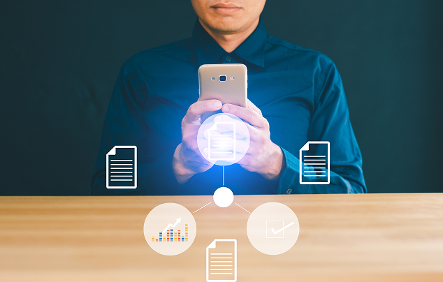Mobile payment processing interface with invoice and data analytics on screen.