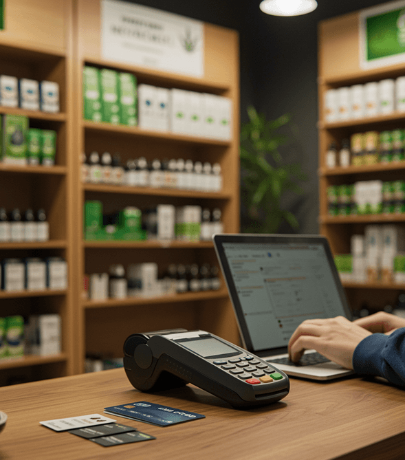 CBD cannabidiol product store with glass entrance and modern interior.