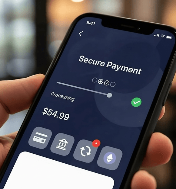 Contactless payment app on mobile device for secure credit card transactions.
