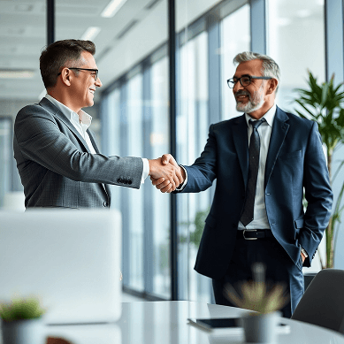 Professional business people shaking hands in a modern office setting at sunset.