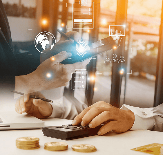 Online transactions, Businessman touching fingerprint scan provides security interface payment shopping banking and cloud computing network connection on virtual screen.