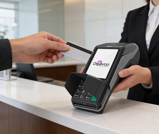 Contactless payment with card and POS terminal at retail store.