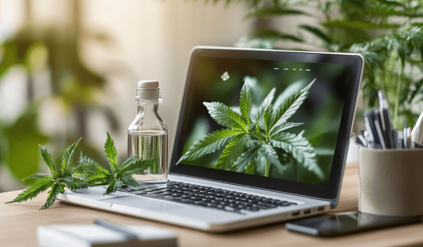 Cannabis leaf with shopping cart and delivery boxes, online cannabis purchasing, eco-friendly packaging.