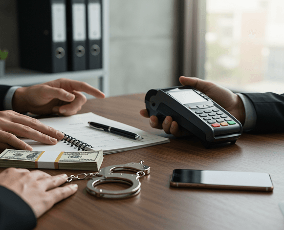 Point of sale transaction with card reader and merchant services on table, credit card machine, and paperwork for payment processing.