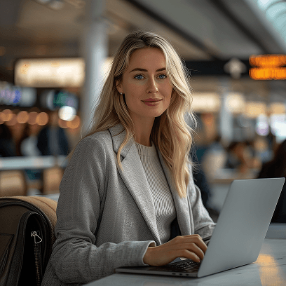 Businesswoman using mobile device for payment or communication at restaurant.