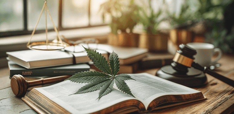 Gavel and cannabis plant symbolizing legal cannabis business services.