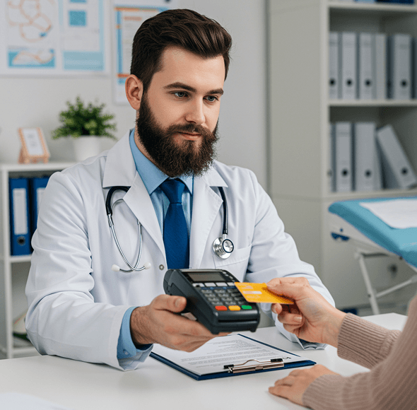 Doctor in white coat assisting a patient with payment processing at clinic, emphasizing healthcare merchant services.