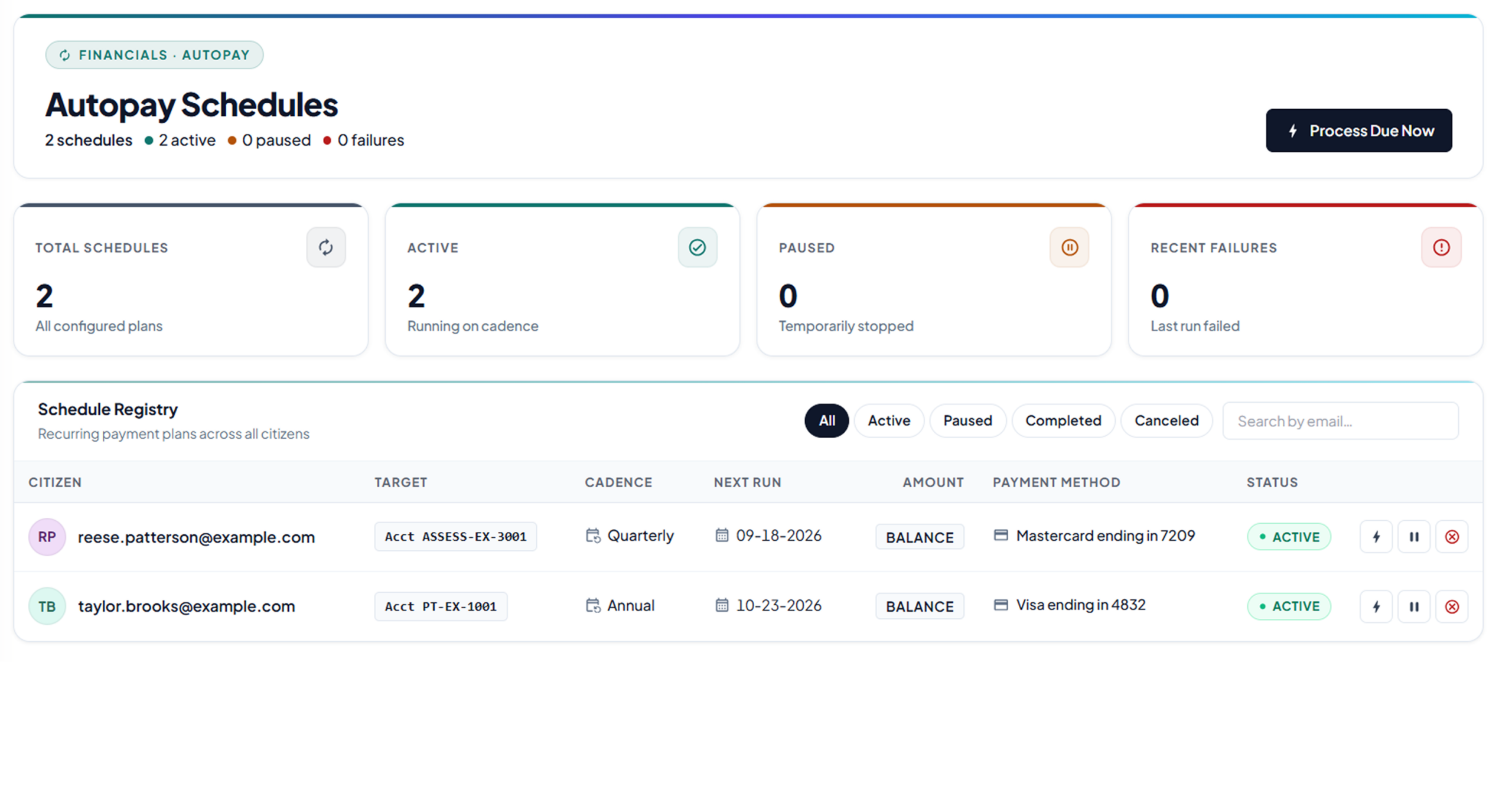 Cloud Bill Pay Manager autopay schedules dashboard for recurring resident payments