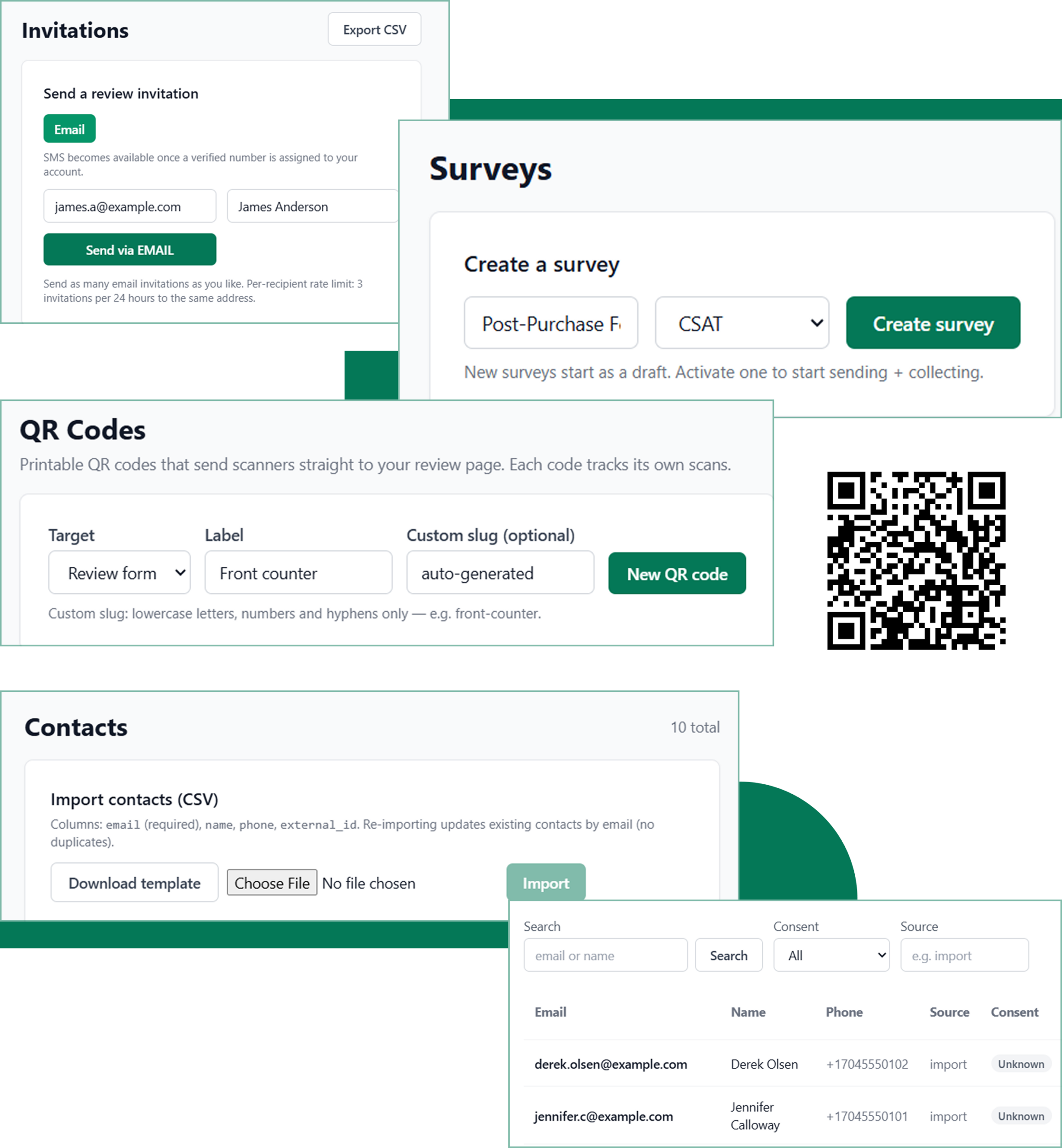 Cloud Review Manager tools for sending review requests by email, surveys, and QR codes