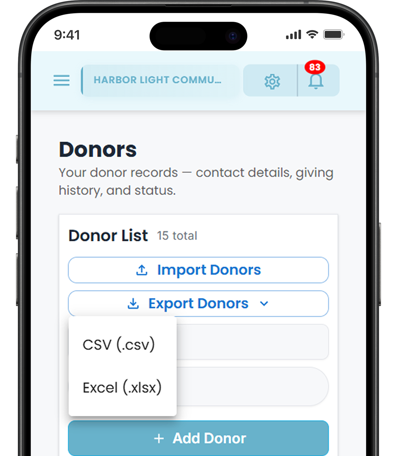 Cloud Donor Manager mobile donor management interface with donor import and export tools
