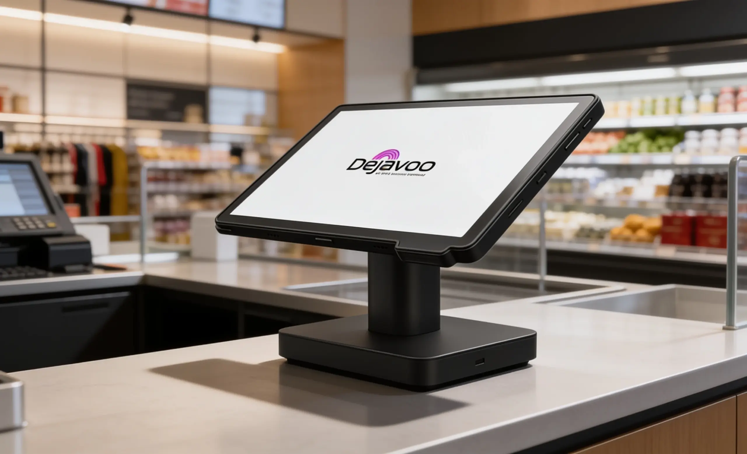 Dejavoo P18 Android POS terminal mounted on a modular countertop stand at a retail checkout