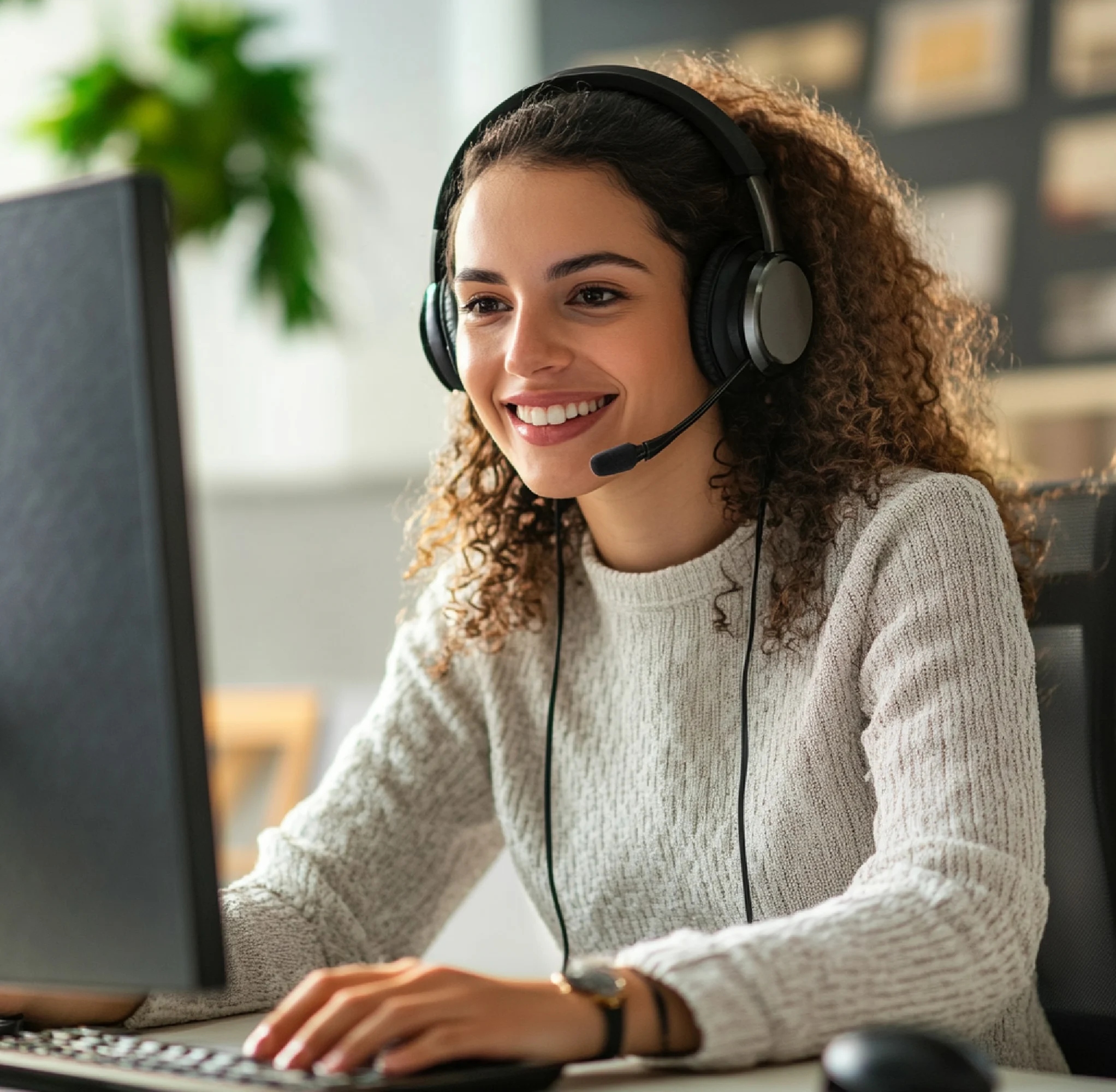 Customer support representative wearing a headset assisting businesses with Dejavoo P18 payment questions