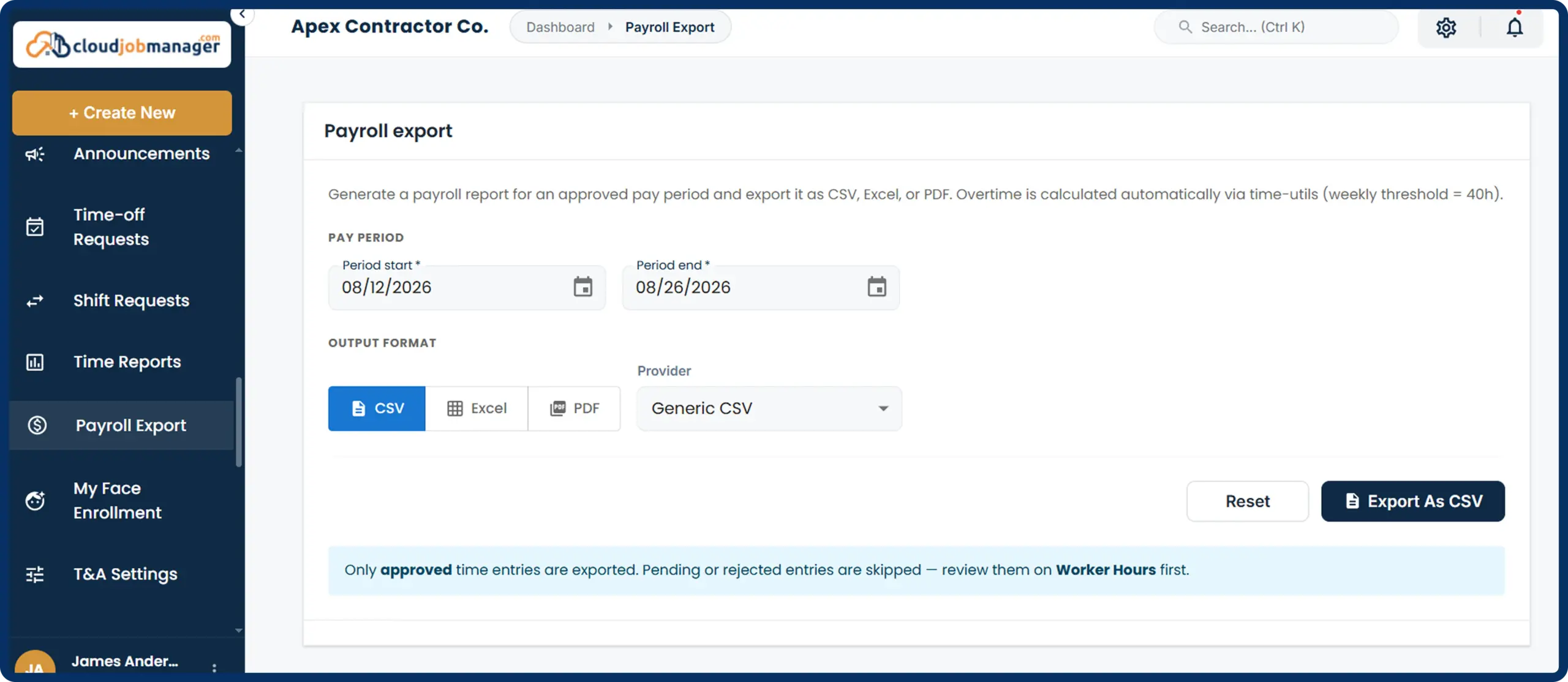 Geofence Auto Clock Out with Payroll Export Preview CSV PDF Excel scaled