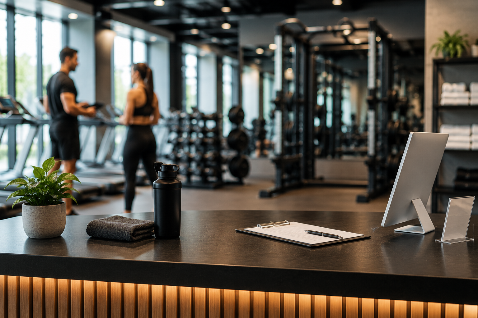 Modern gym and fitness studio with reception desk and workout equipment