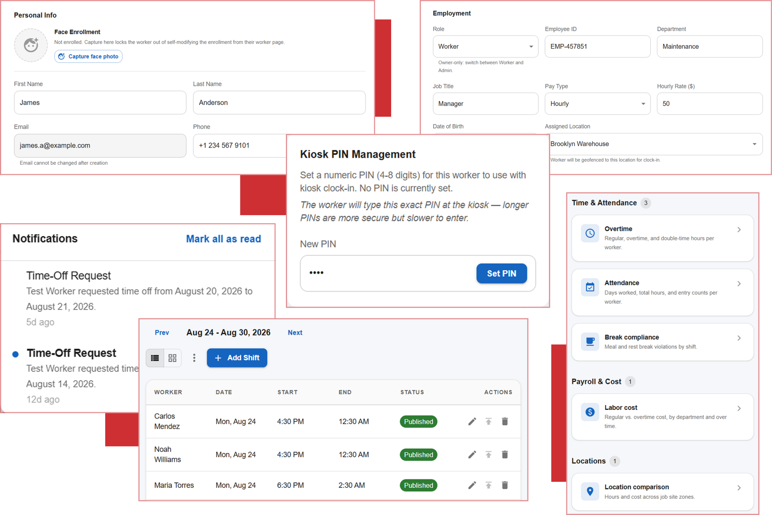 Cloud Time Manager worker management dashboard with employee profiles, notifications, kiosk PINs, schedules, and reports