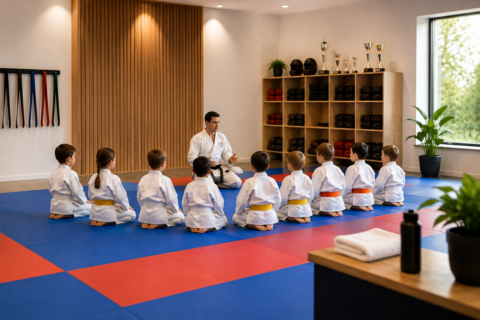 Martial arts instructor teaching children in a modern training studio