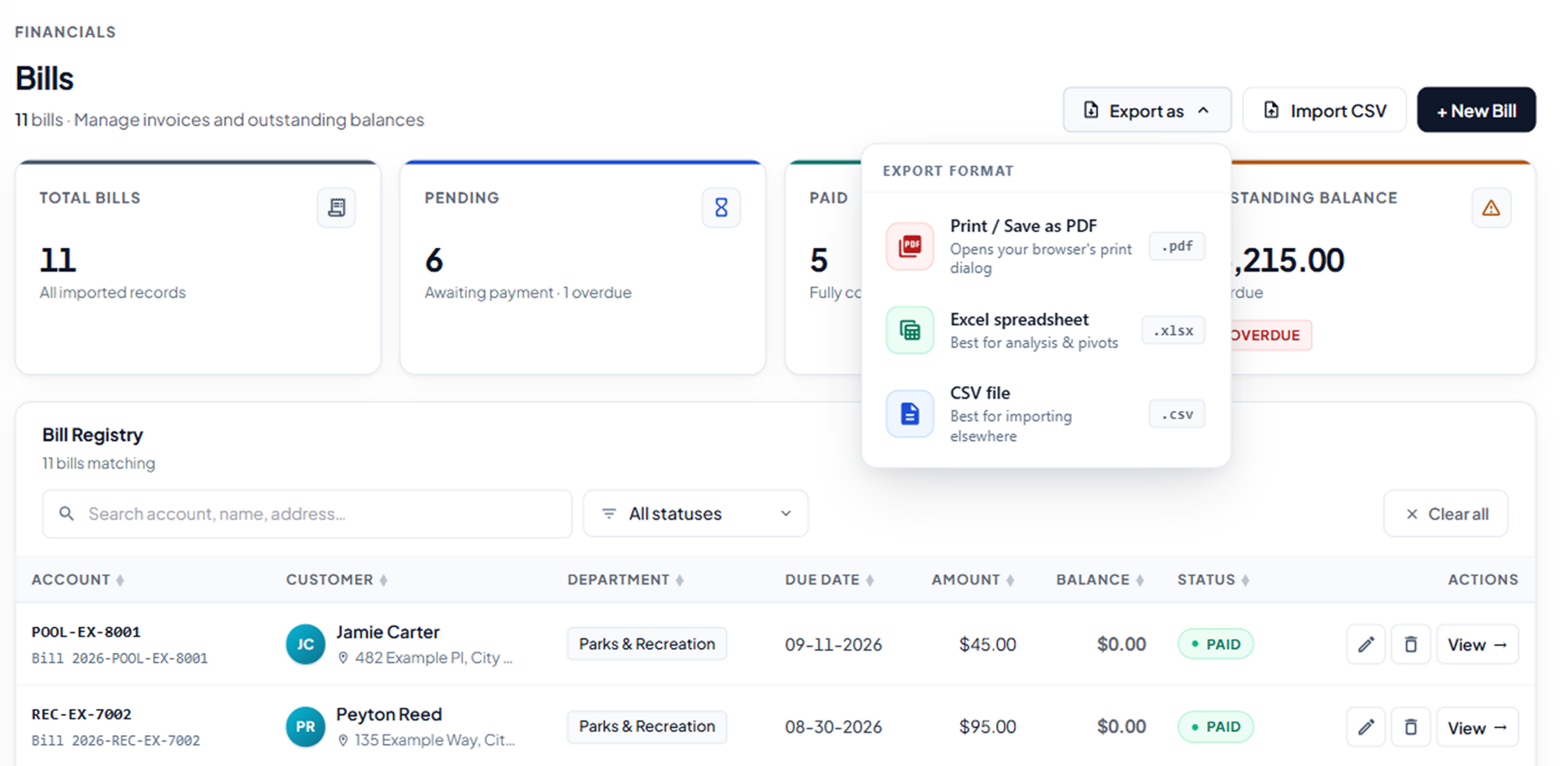 Cloud Bill Pay Manager bills dashboard with payment records and export options