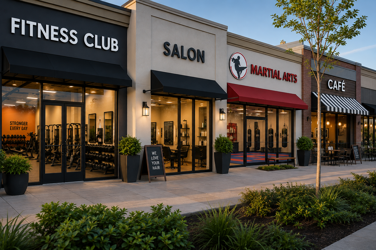 Multi-location businesses including fitness, salon, martial arts, and café locations