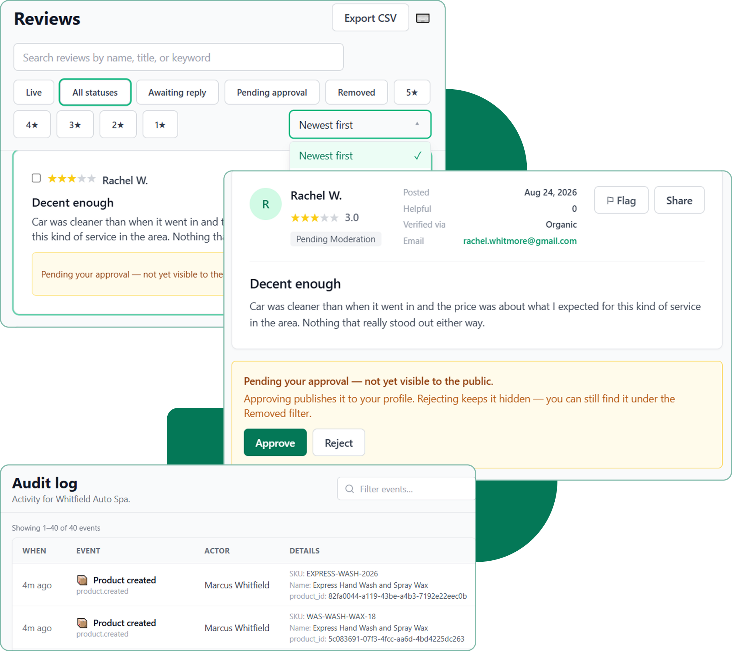 Cloud Review Manager dashboard showing review moderation, approval decisions, and audit logs