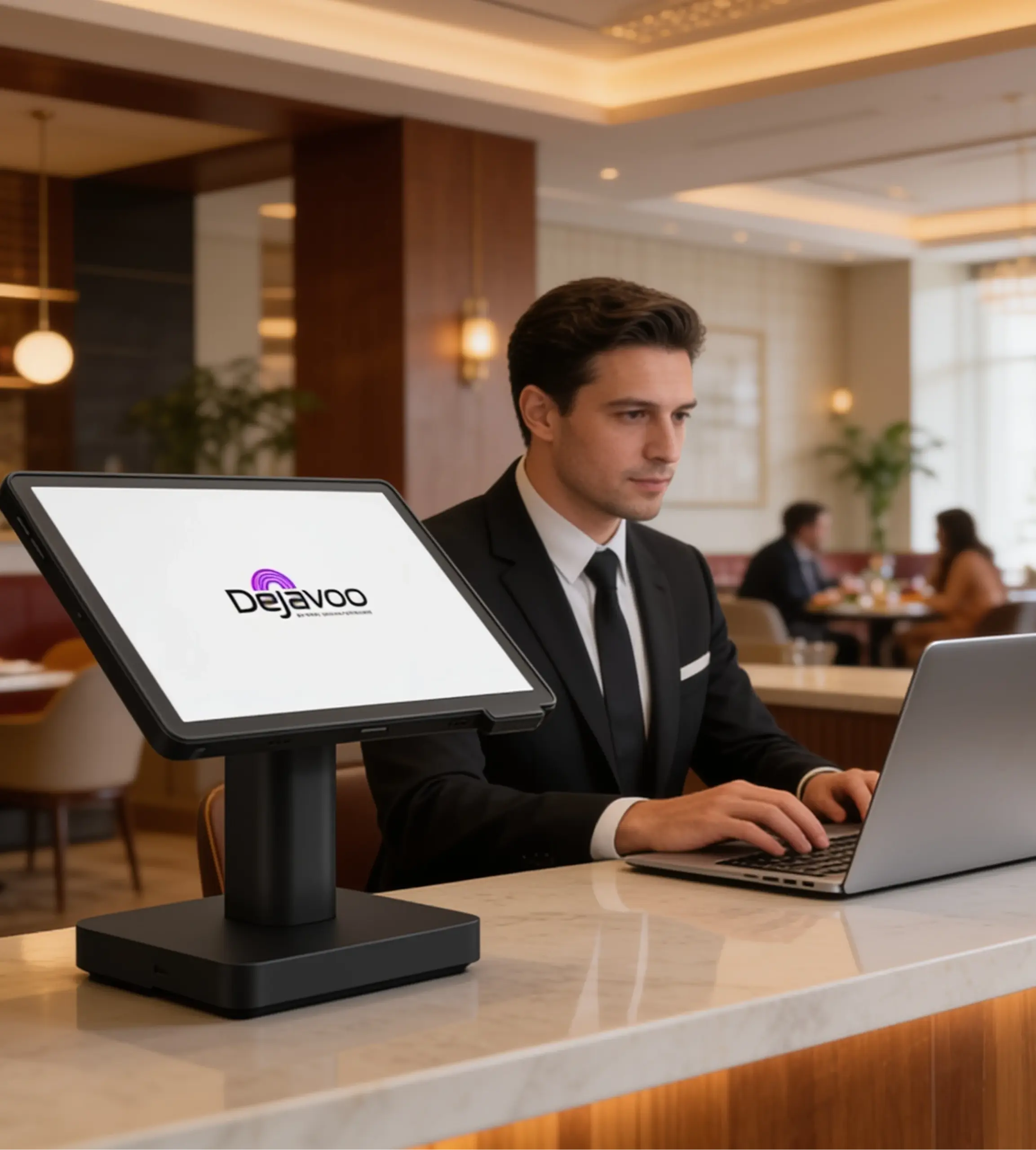 Business professional using a laptop beside a Dejavoo P18 Android POS terminal on a countertop stand