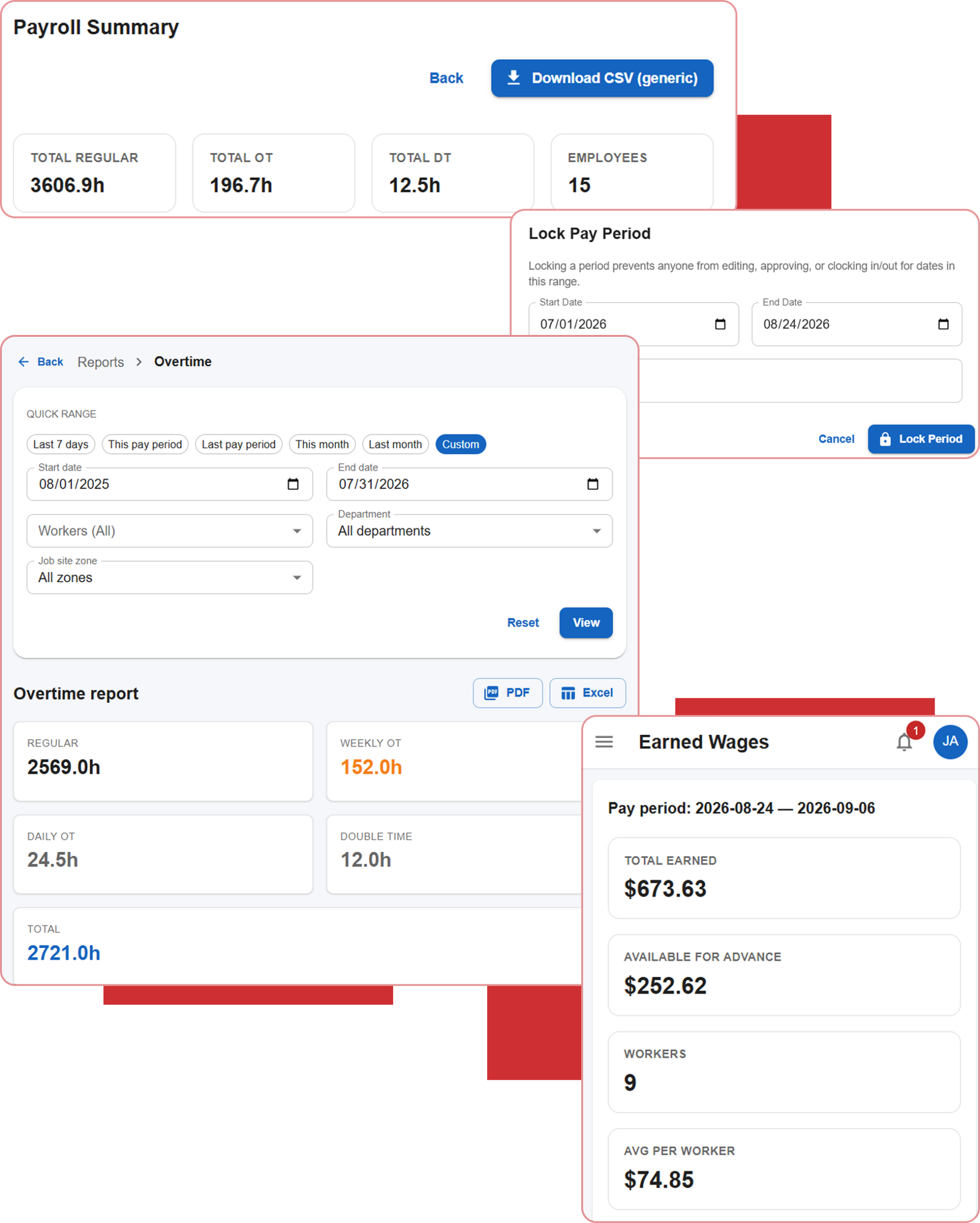 Cloud Time Manager payroll dashboard with payroll summary, overtime reports, locked pay periods, and earned wages