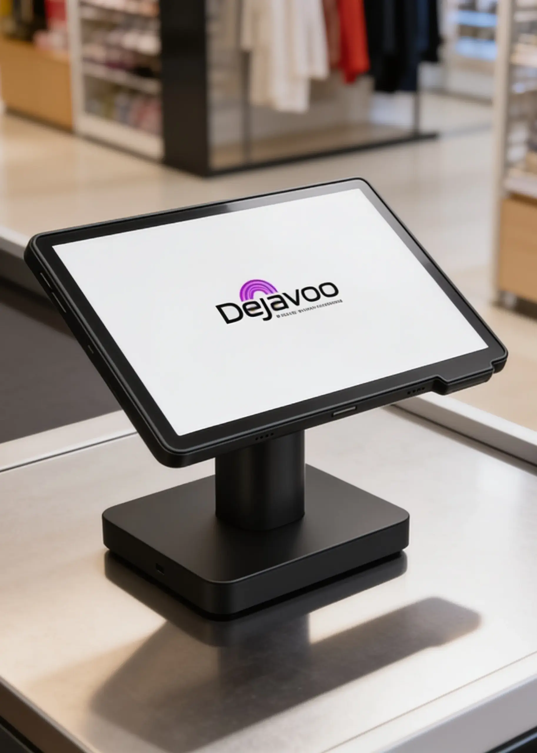 Dejavoo P18 Android POS terminal mounted on a countertop stand for secure retail payment processing