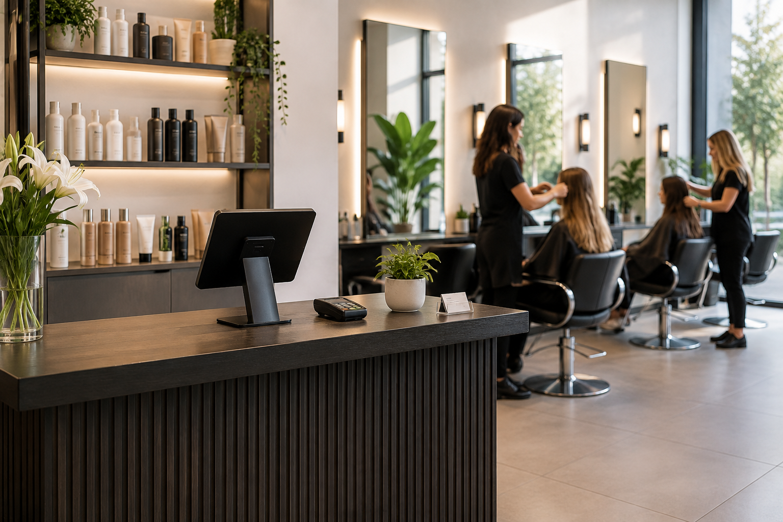 Modern salon with reception desk, stylists, and clients