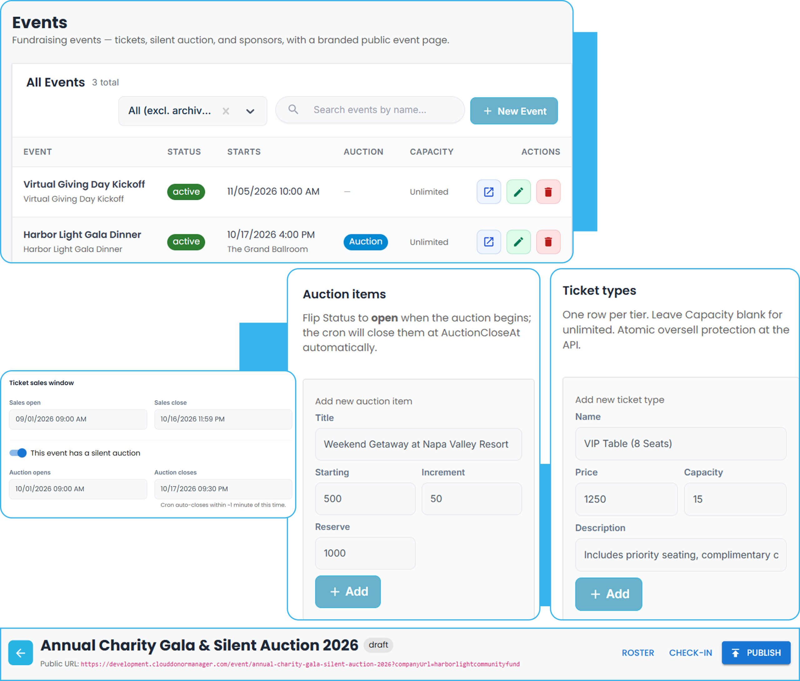 Cloud Donor Manager events dashboard with ticket types, auction items, and fundraising event setup