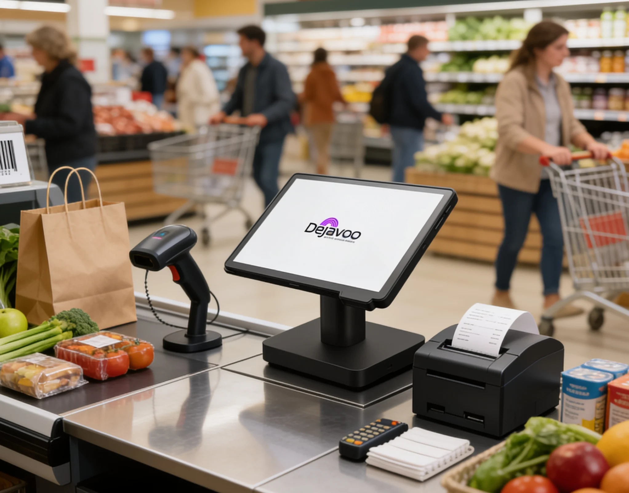 Dejavoo P18 Android POS terminal with barcode scanner and receipt printer at a grocery store checkout