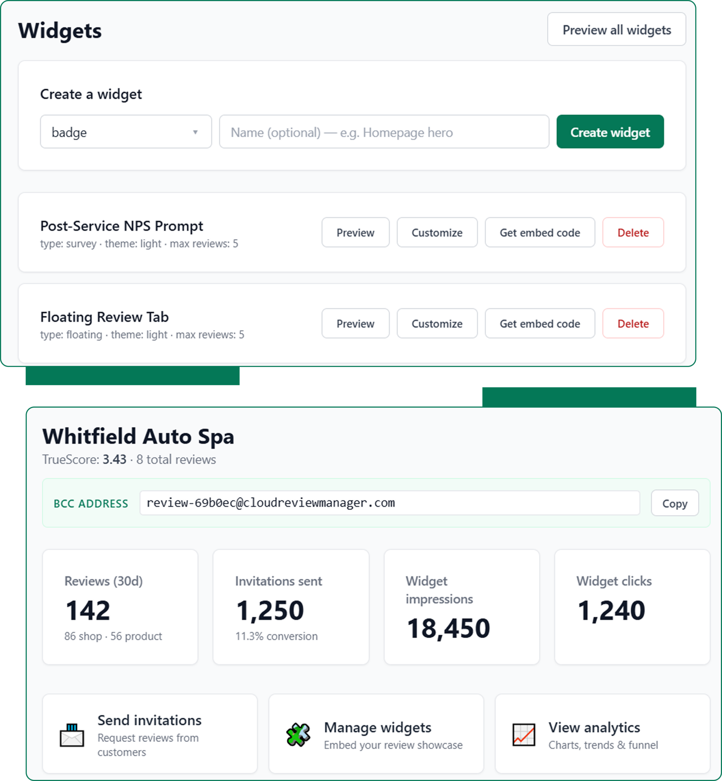 Cloud Review Manager dashboard showing embeddable review widgets, social proof, and performance analytics