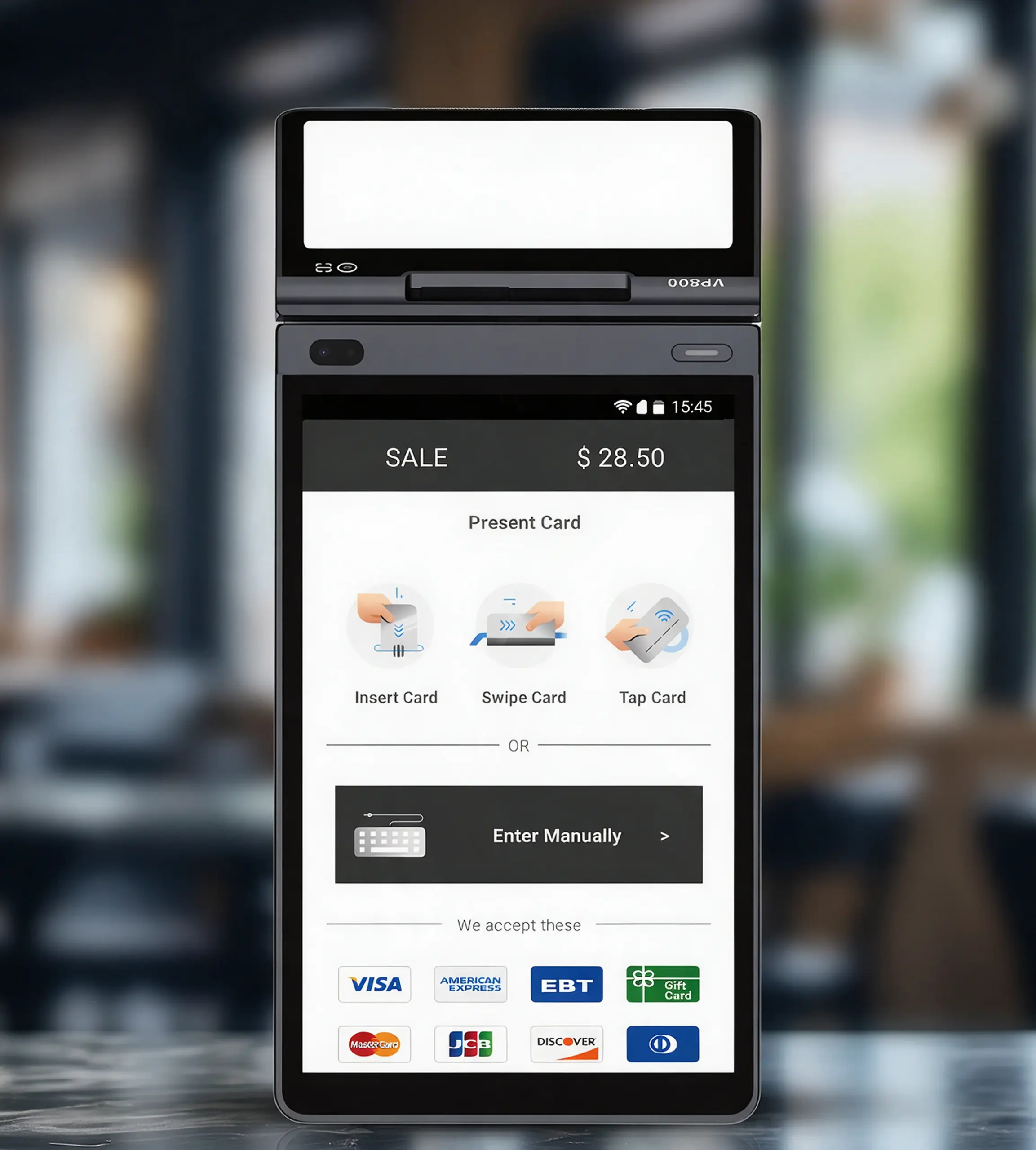 Valor VP800 dual-screen POS terminal displaying card payment options for secure in-person checkout
