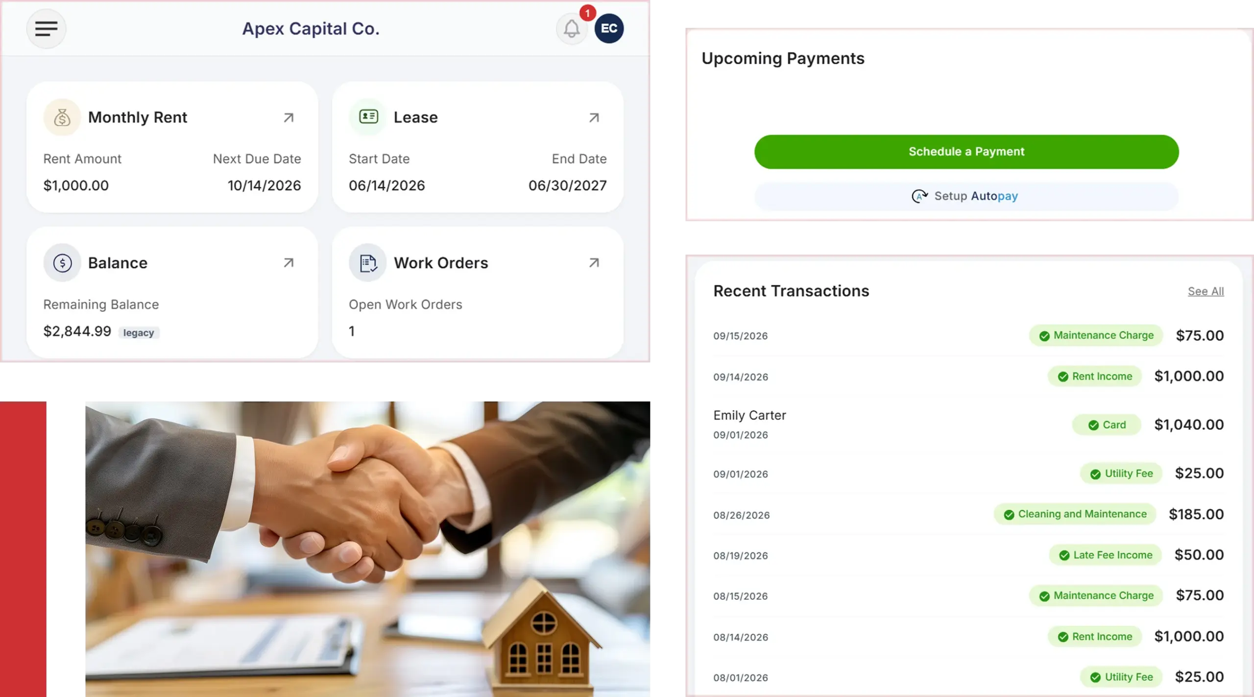 Cloud Rental Manager tenant portal showing rent balance, lease details, work orders, upcoming payments, and recent transactions