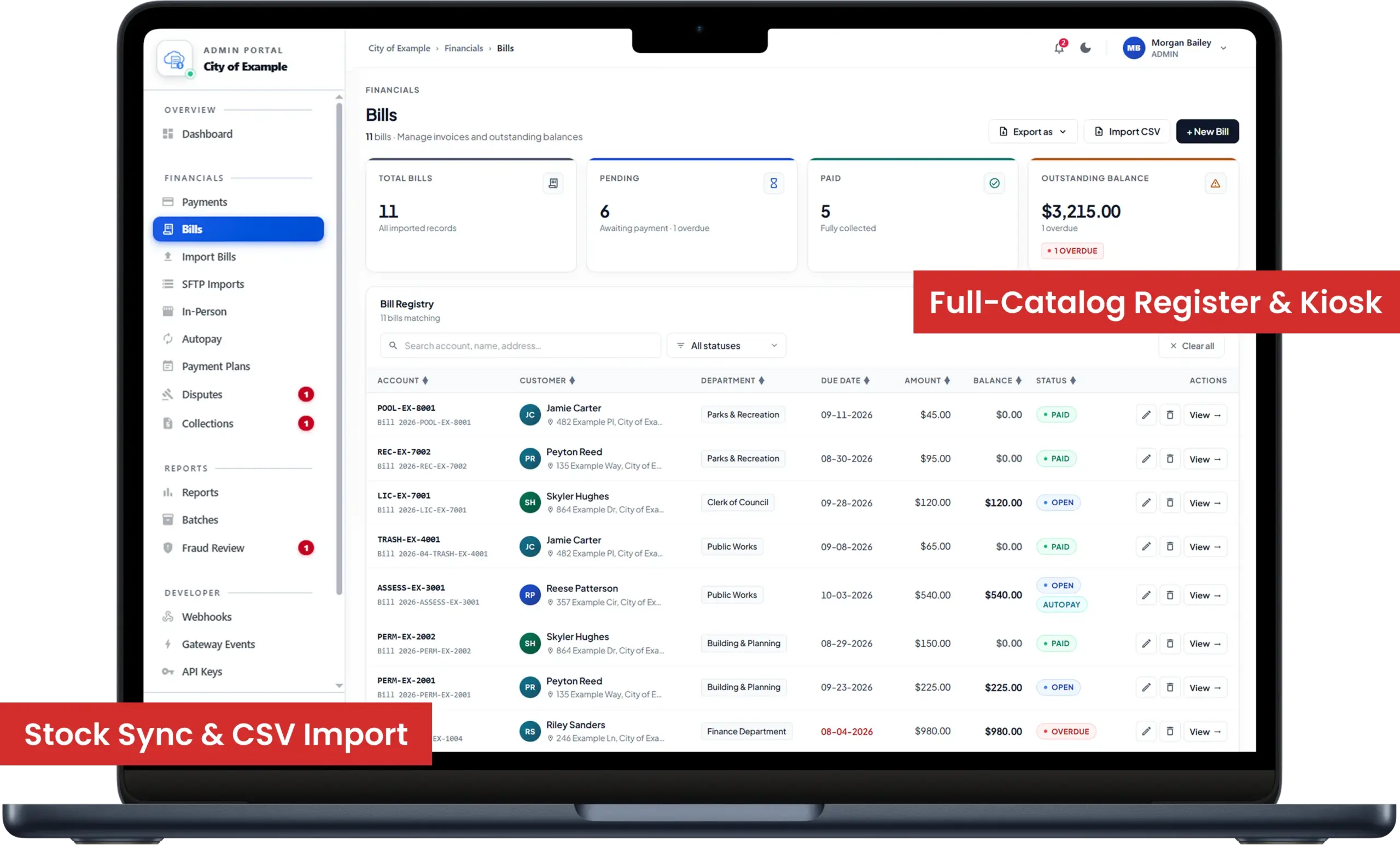 CloudPay Mobile register dashboard showing bills, product catalog, stock sync, CSV import, and full-catalog kiosk tools
