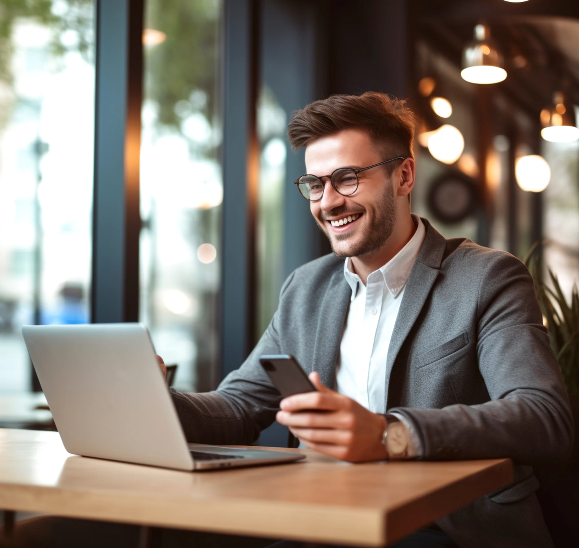Business professional using a laptop and smartphone for online ACH, eCheck, invoicing, and recurring payments