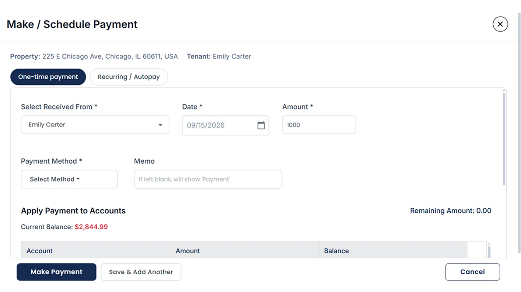 Cloud Rental Manager payment screen showing automatic allocation of a tenant payment across rent, utilities, and fees