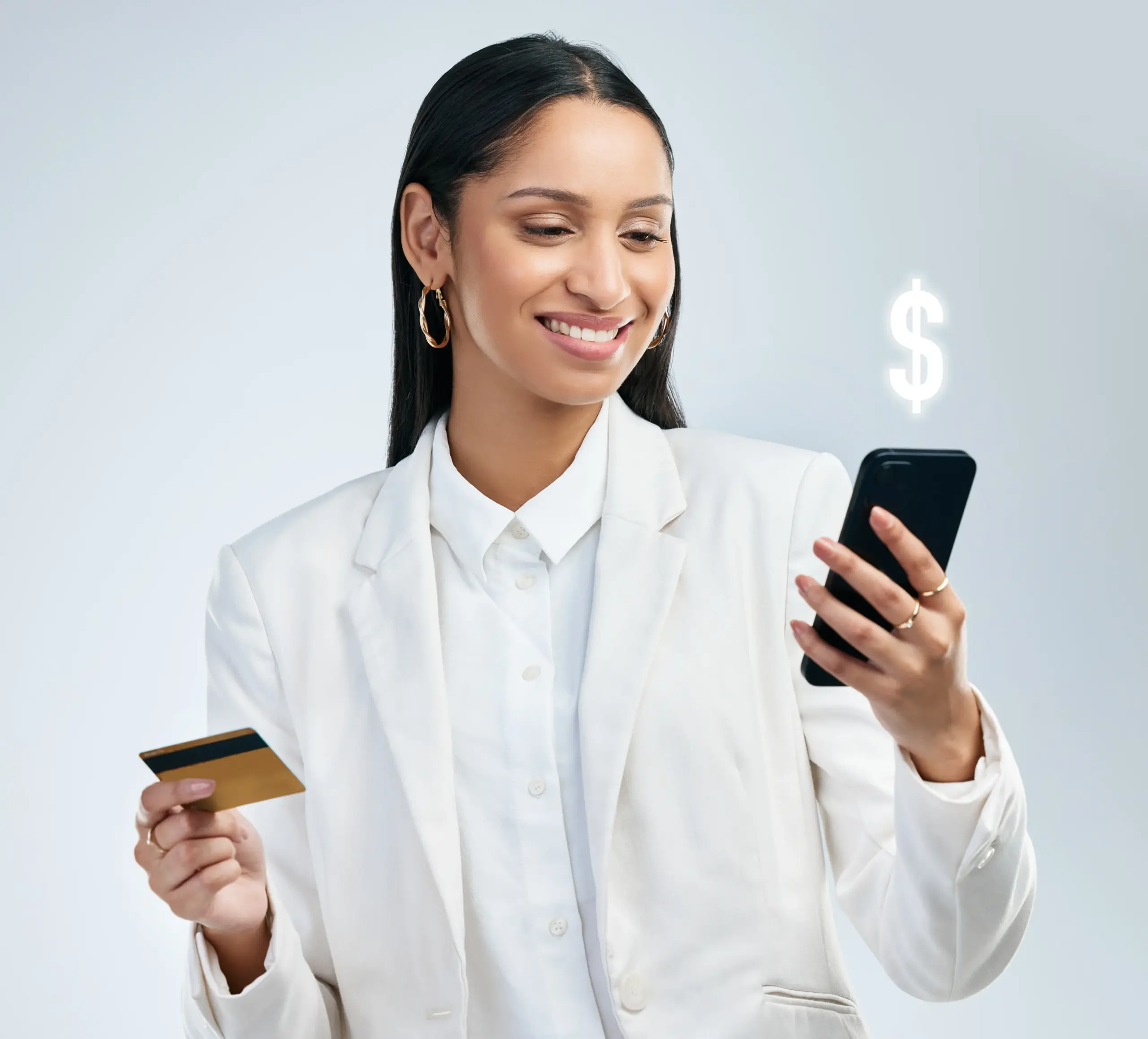 Business professional using a smartphone and credit card for digital billing and payment management