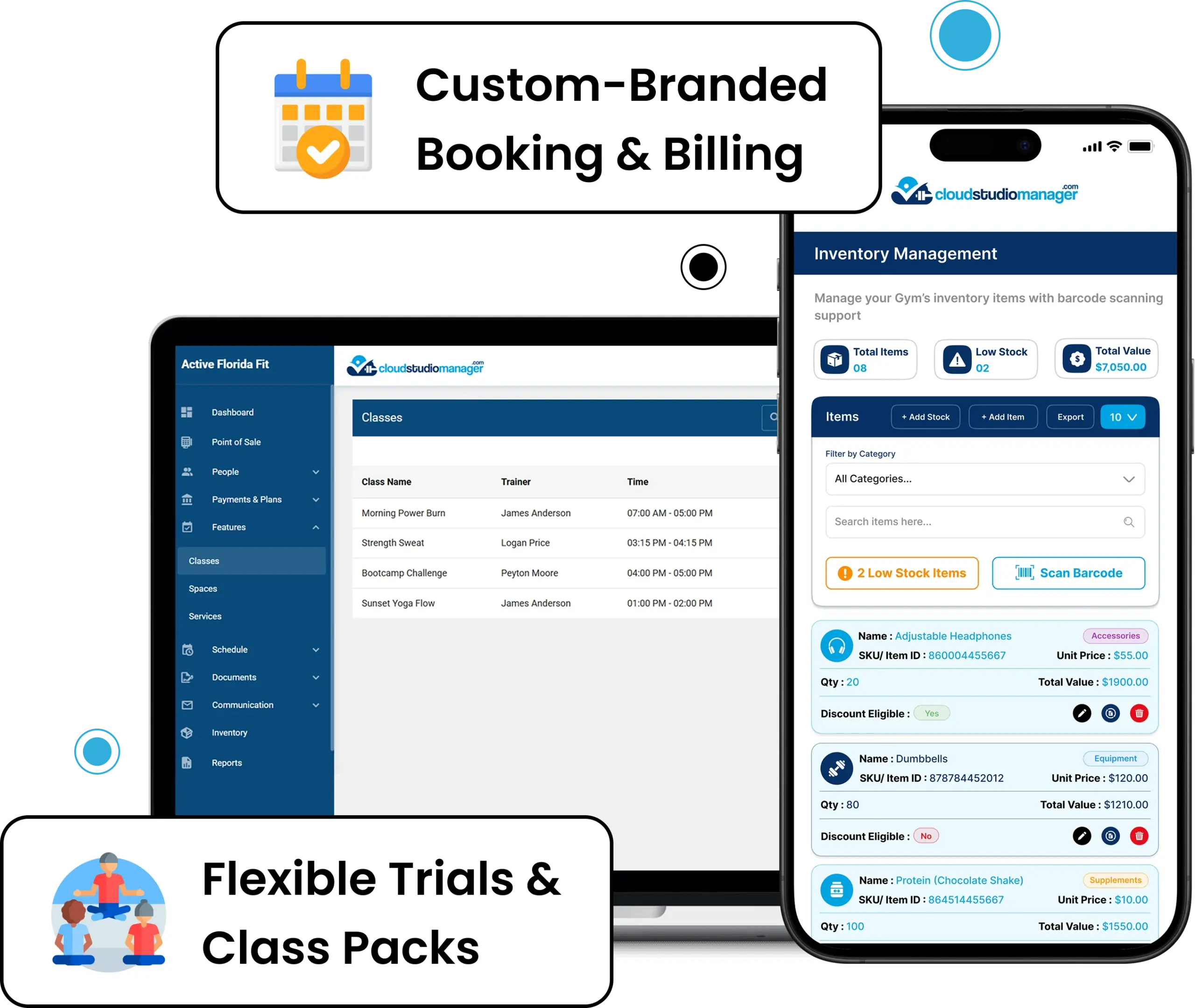 Cloud Studio Manager on desktop and mobile showing boutique studio classes, inventory, booking, and billing tools