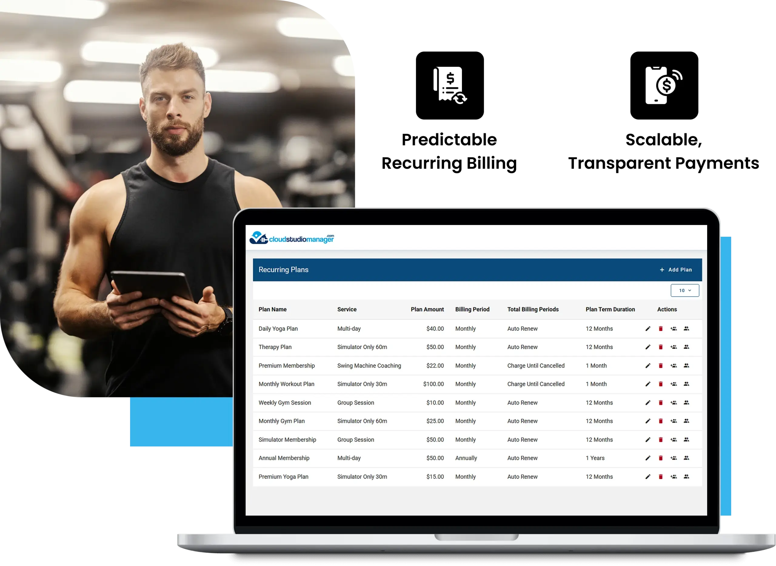 Box fitness coach with Cloud Studio Manager recurring billing plans and membership management dashboard