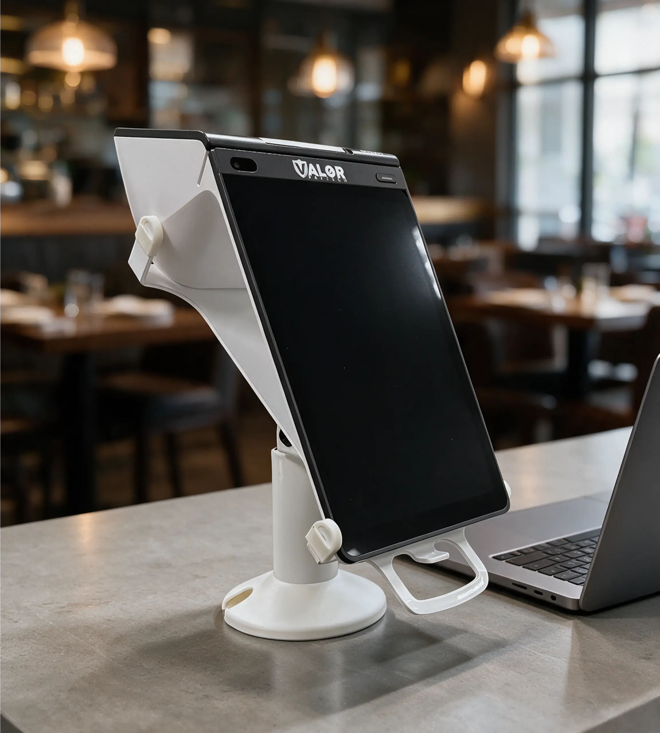 Valor VP800 dual-screen POS terminal on a restaurant counter for modern retail and hospitality checkout