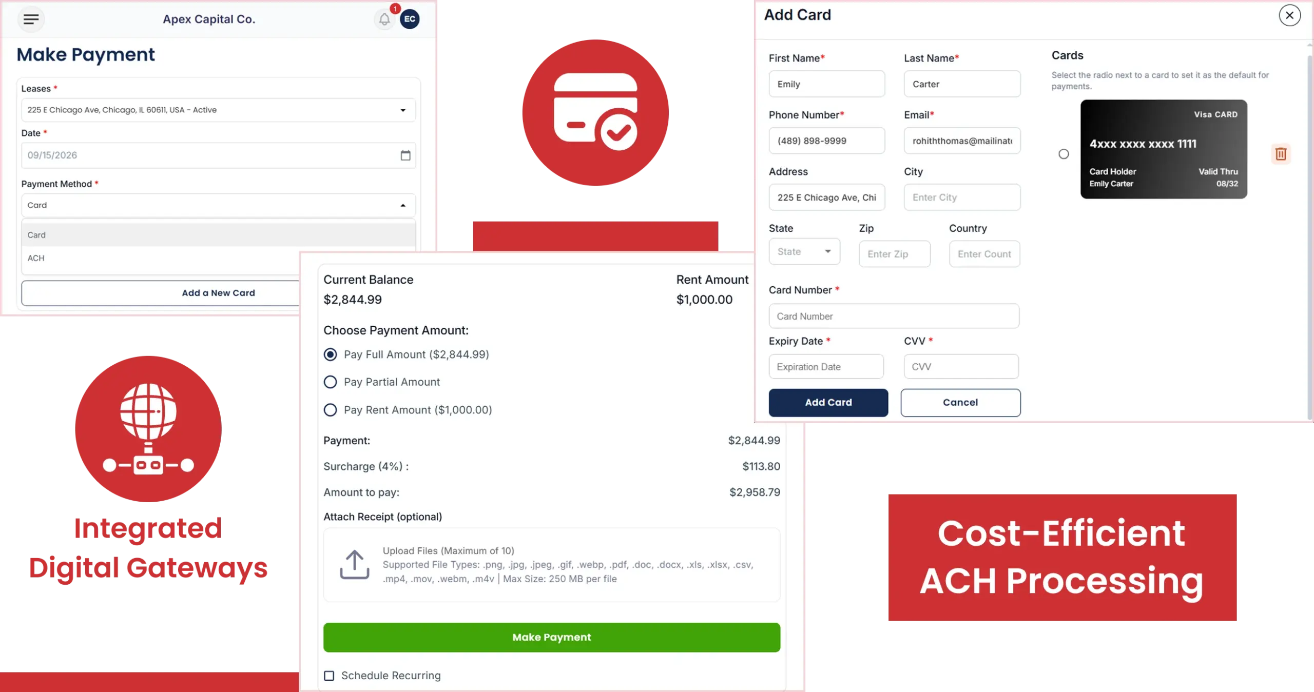 Cloud Rental Manager payment screens showing ACH, credit and debit card options, recurring payments, and integrated digital gateways
