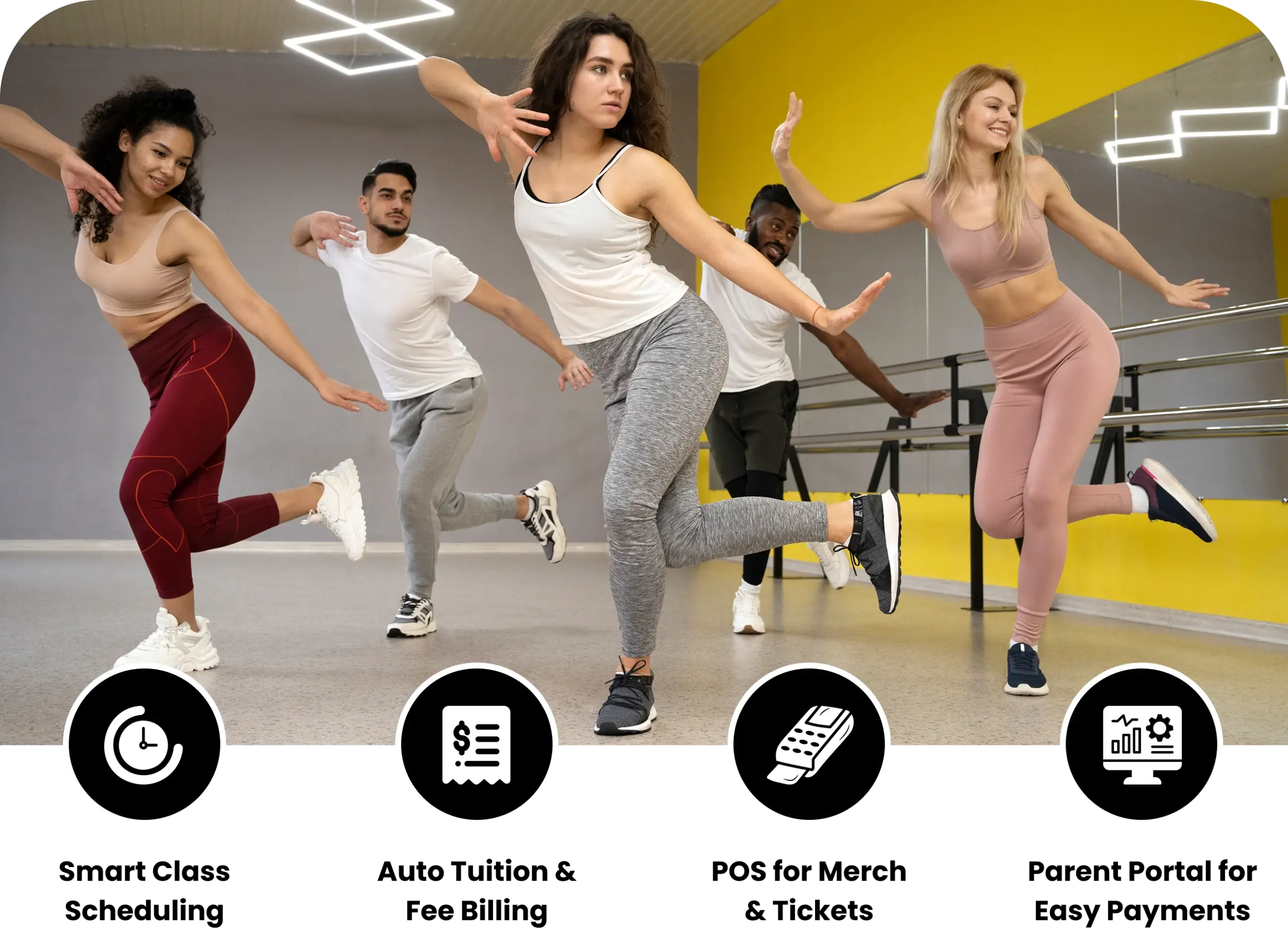Dance class in a studio with tools for scheduling, tuition billing, merchandise sales, and family payments