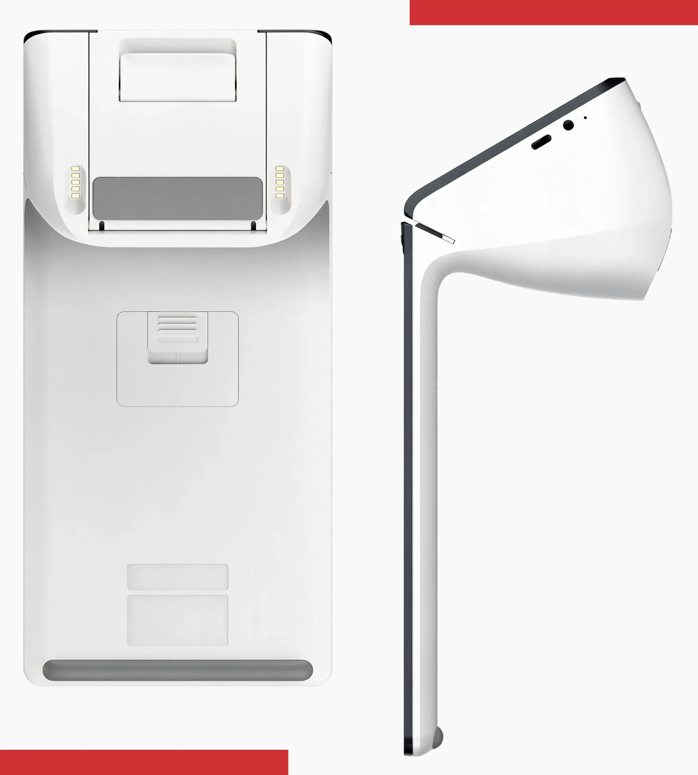 Valor VP800 POS terminal shown from rear and side views highlighting its streamlined countertop design
