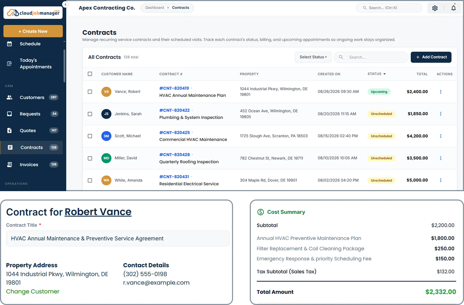 Digital contracts dashboard showing customer details, property information, contract status, and payment totals