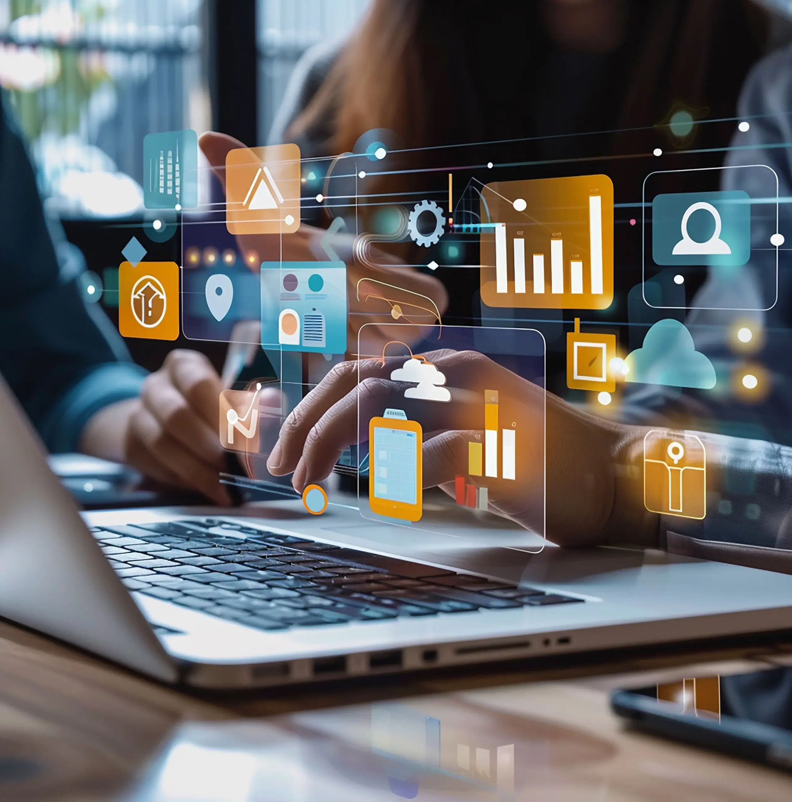 Business professional using a laptop with digital analytics, automation, security, and payment management icons