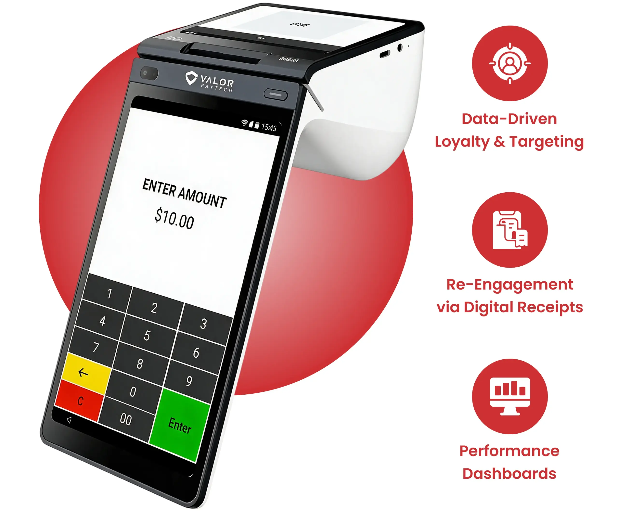 Valor VP800 POS terminal highlighting data-driven customer loyalty, digital receipts, and performance dashboards