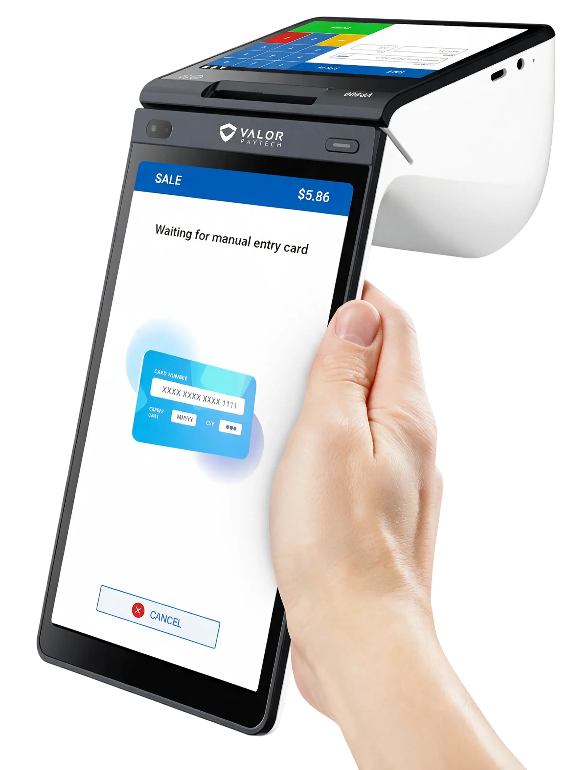 Valor VP800 Android POS terminal held in hand showing a manual card entry payment screen
