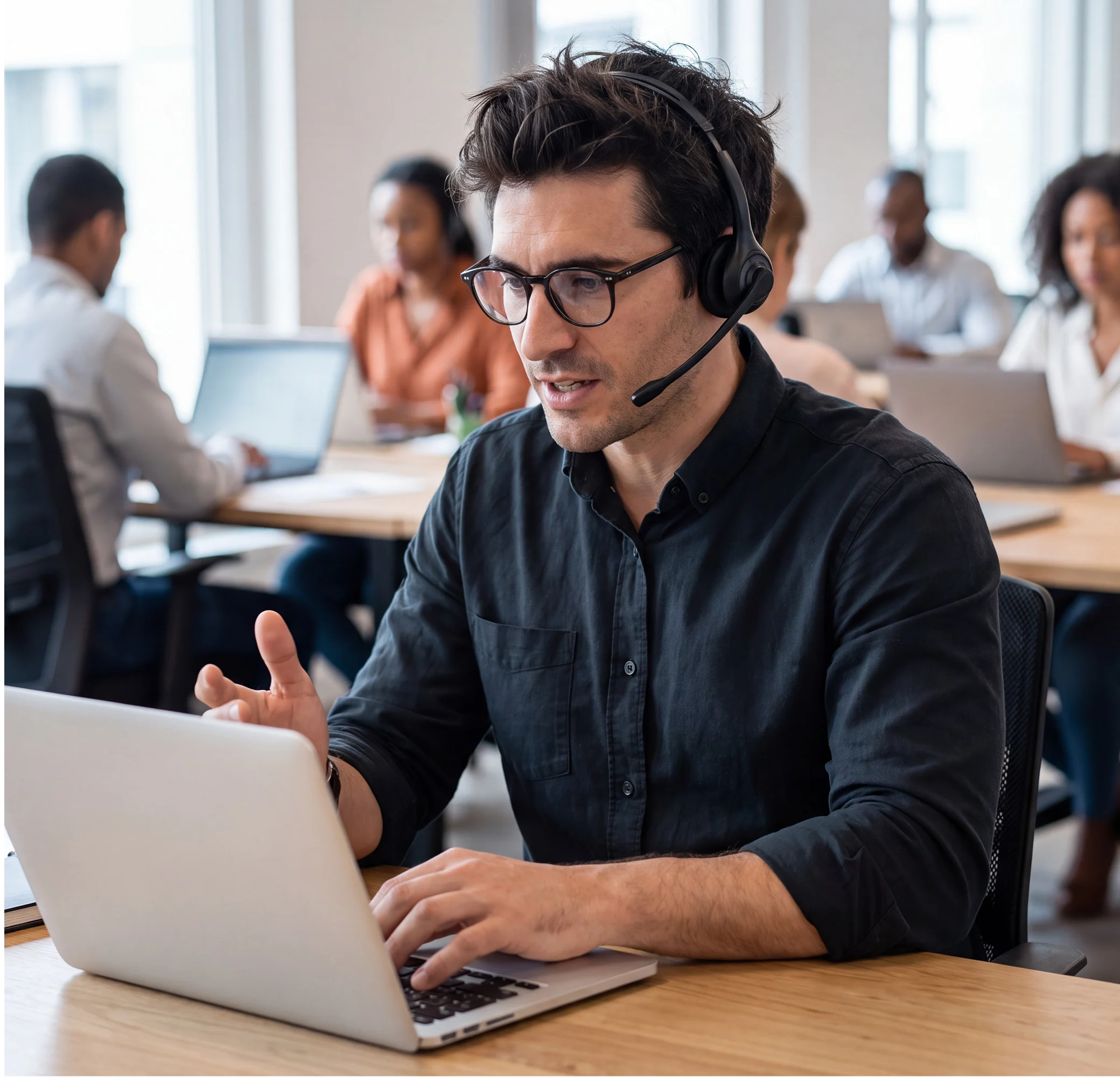 Customer support representative wearing a headset assisting with Valor VP800 POS terminal questions