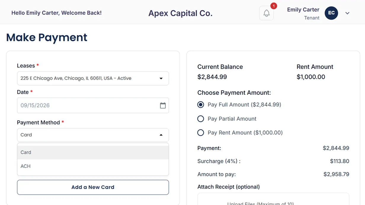 Cloud Rental Manager payment screen showing online rent collection with ACH, debit, and credit card payment options