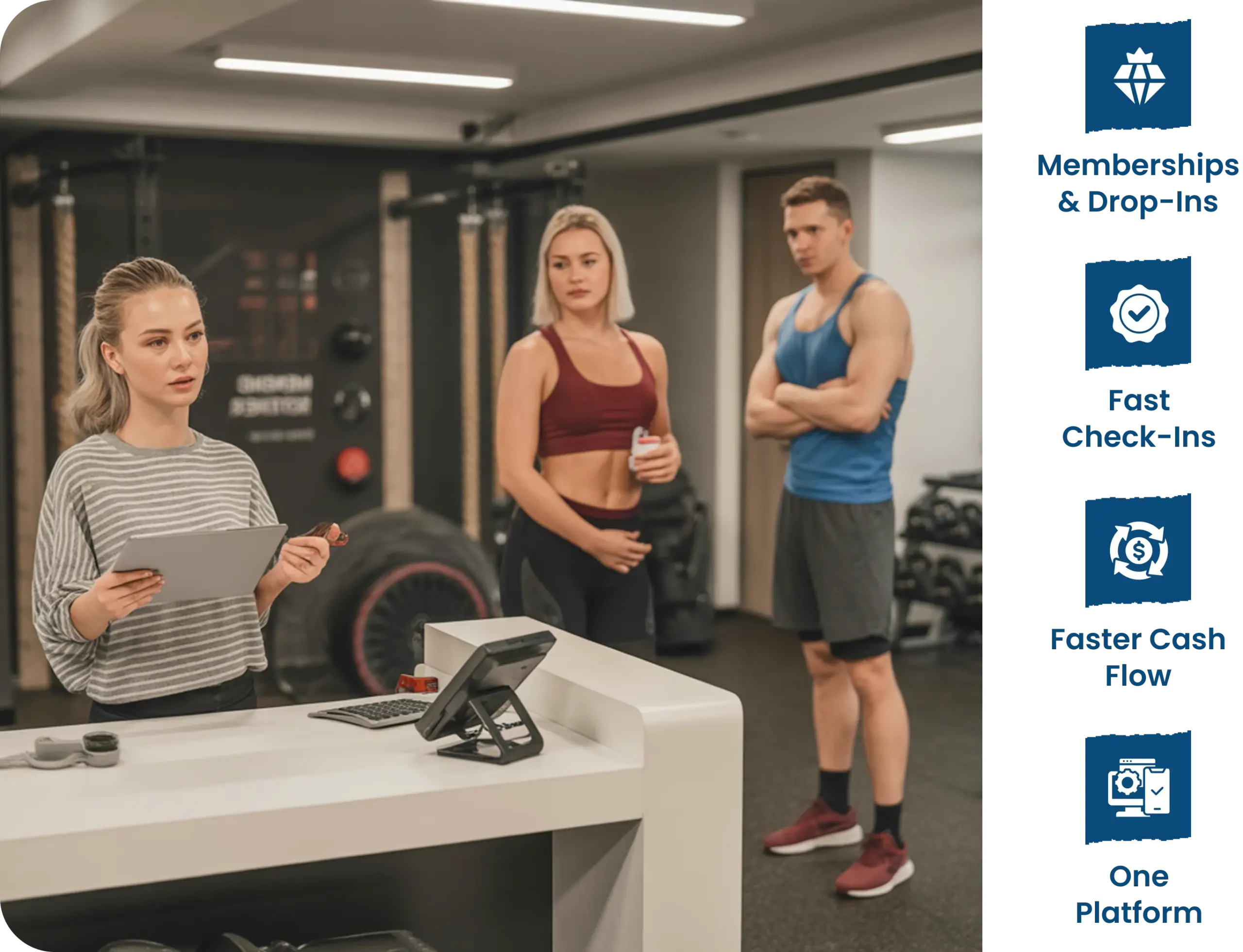 Functional fitness and HIIT studio front desk with members, check-in system, and payment terminal