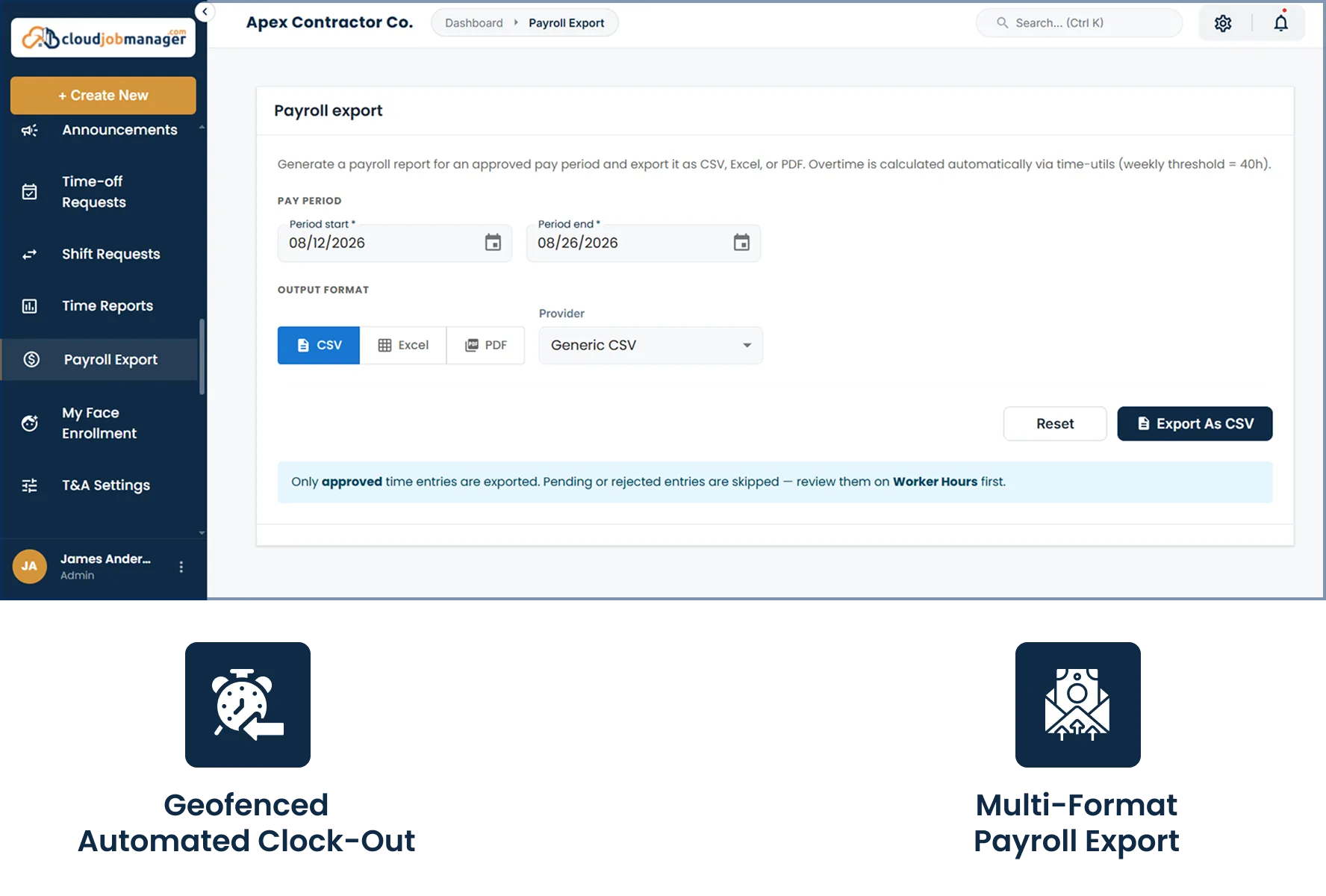 Cloud Job Manager payroll export screen with geofenced time tracking and multi-format payroll reporting options